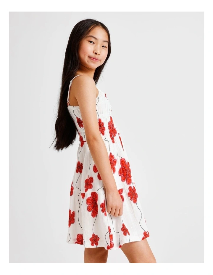 Sleeveless Cheesecloth Shirred Bodice Mini Dress in Red Floral and Ecru image 5