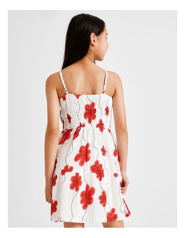 Sleeveless Cheesecloth Shirred Bodice Mini Dress in Red Floral and Ecru image 6