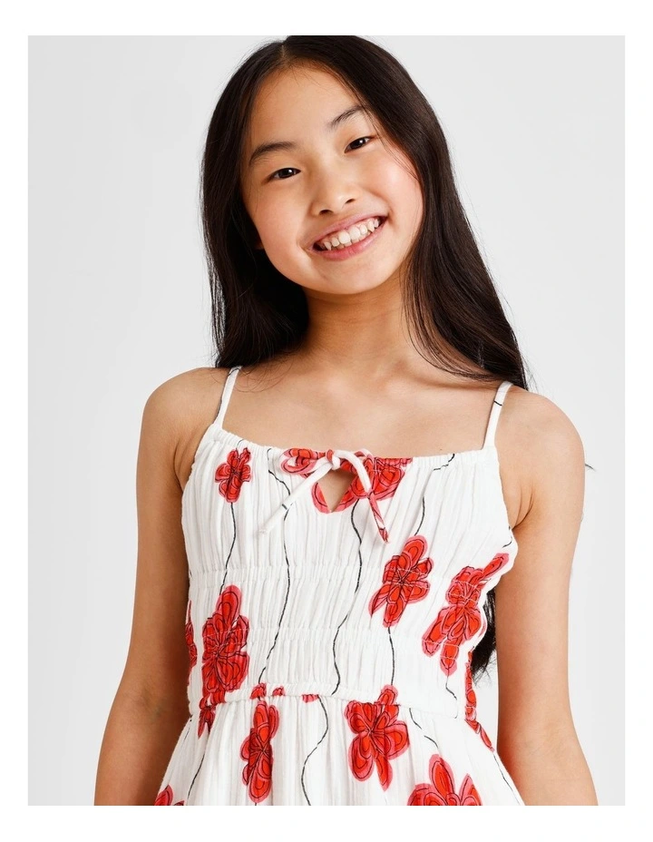 Sleeveless Cheesecloth Shirred Bodice Mini Dress in Red Floral and Ecru image 7