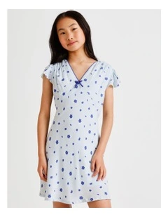 Short Sleeve Rayon Garden Mini Dress in Ditsy Floral and Blue