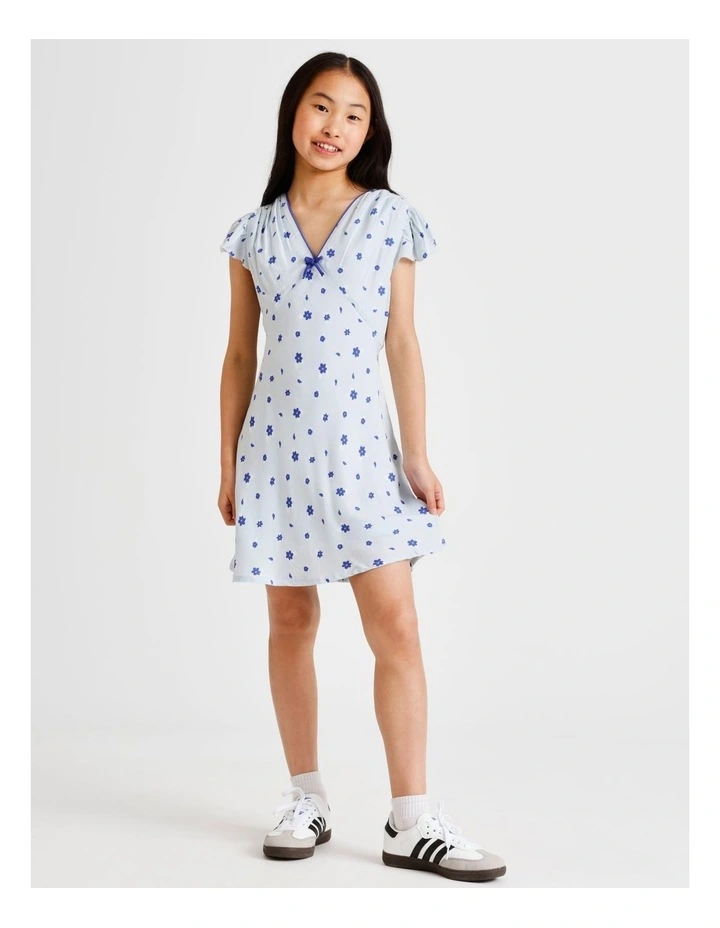 Short Sleeve Rayon Garden Mini Dress in Ditsy Floral and Blue image 2