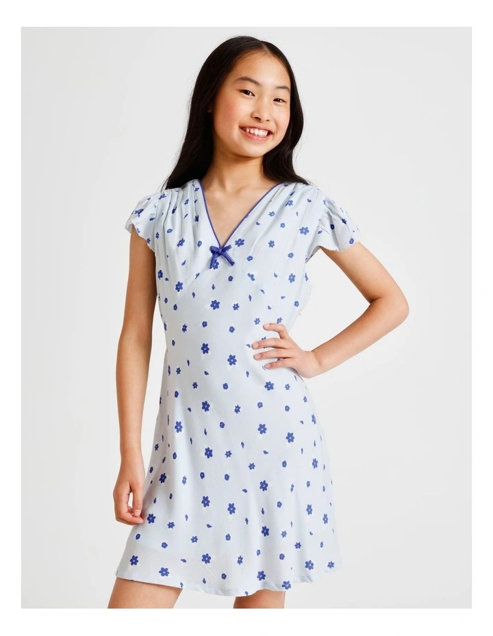 Short Sleeve Rayon Garden Mini Dress in Ditsy Floral and Blue image 4