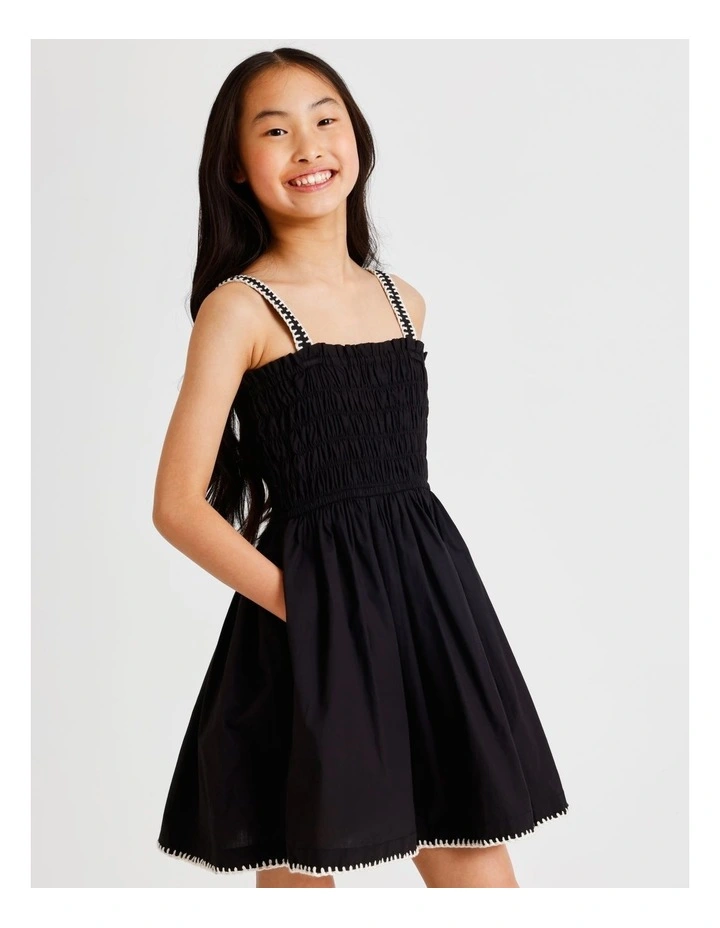 Sleeveless Poplin Shirred Bodice Dress with Rope Detail in Black and White image 1