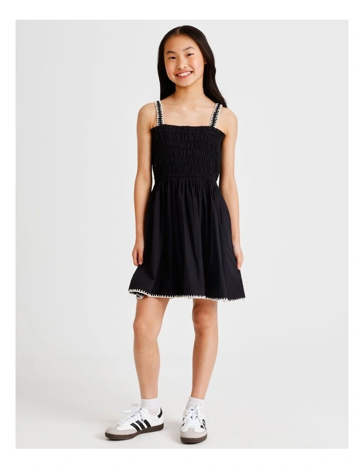 Sleeveless Poplin Shirred Bodice Dress with Rope Detail in Black and White image 2