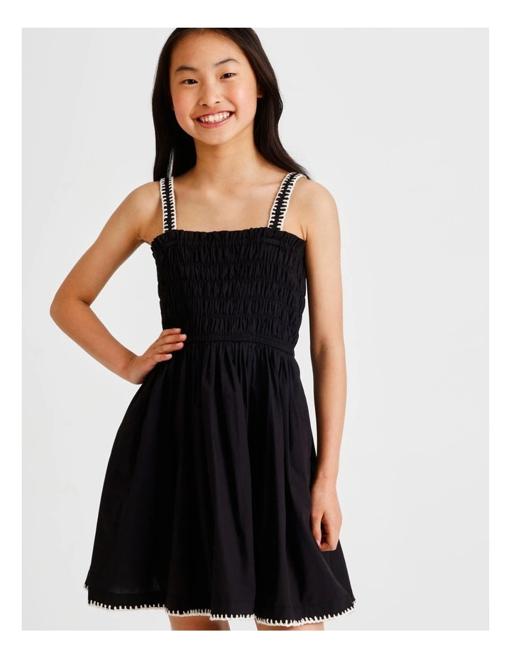 Sleeveless Poplin Shirred Bodice Dress with Rope Detail in Black and White image 3