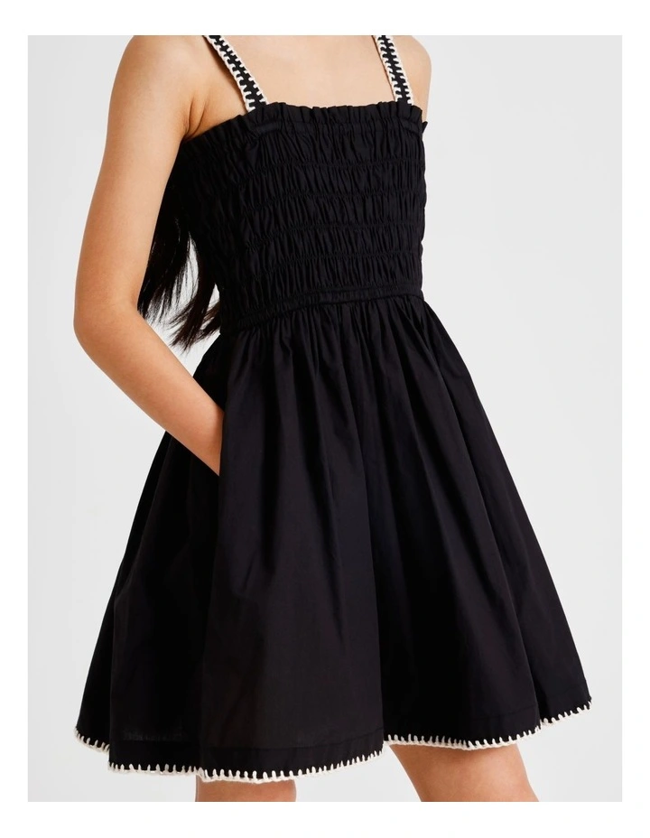 Sleeveless Poplin Shirred Bodice Dress with Rope Detail in Black and White image 4