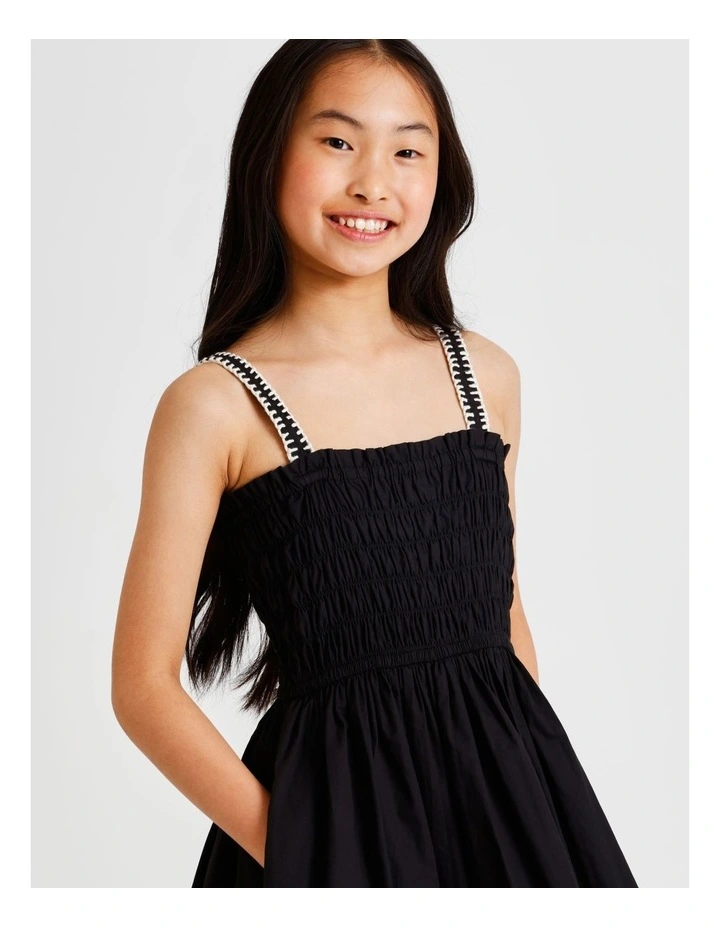 Sleeveless Poplin Shirred Bodice Dress with Rope Detail in Black and White image 5