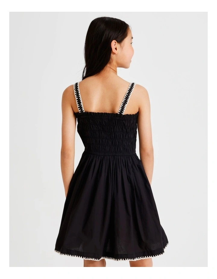 Sleeveless Poplin Shirred Bodice Dress with Rope Detail in Black and White image 6