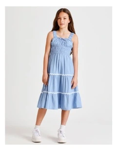 Sleeveless Linen Shirred Bodice Midi Dress in Mid Blue