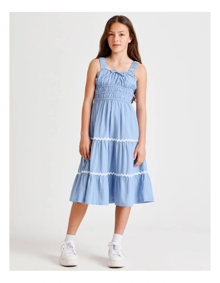 Sleeveless Linen Shirred Bodice Midi Dress in Mid Blue image 1
