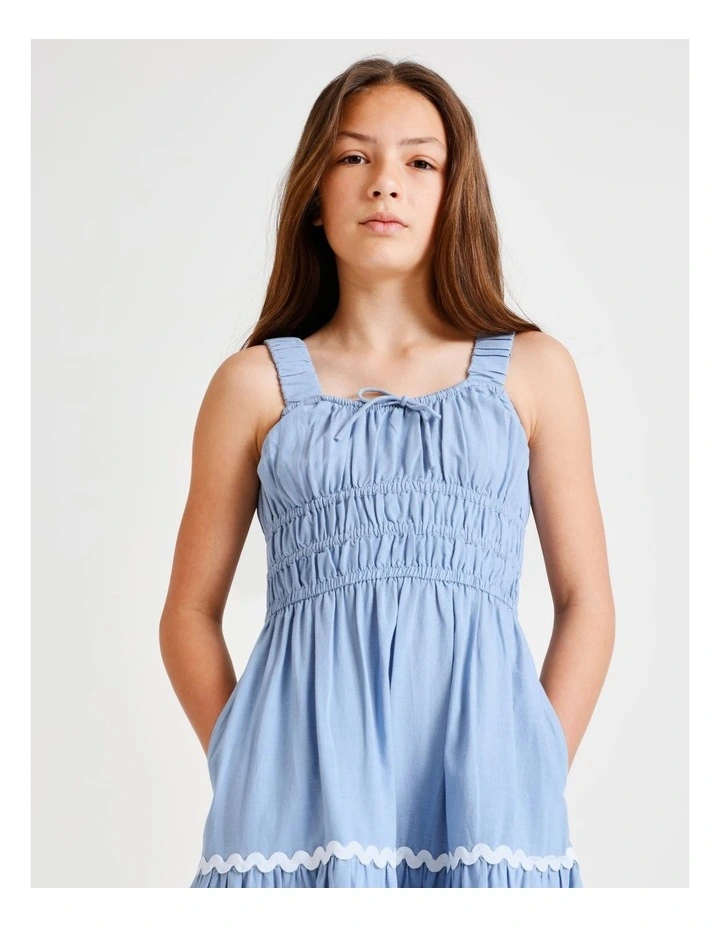 Sleeveless Linen Shirred Bodice Midi Dress in Mid Blue image 2