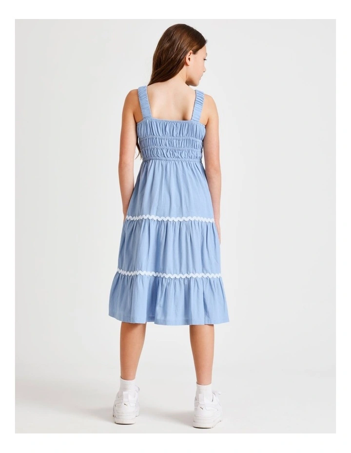 Sleeveless Linen Shirred Bodice Midi Dress in Mid Blue image 5