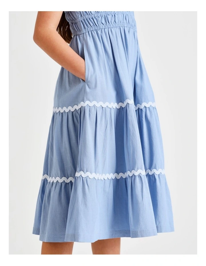 Sleeveless Linen Shirred Bodice Midi Dress in Mid Blue image 6