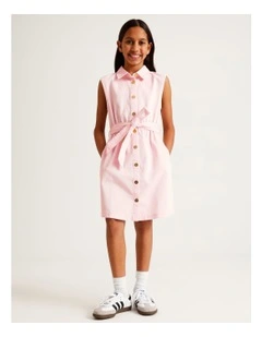 Sleeveless A-Line Button Front Dress with Tie in Light Pink