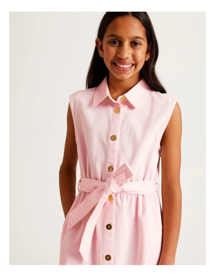 Sleeveless A-Line Button Front Dress with Tie in Light Pink image 2