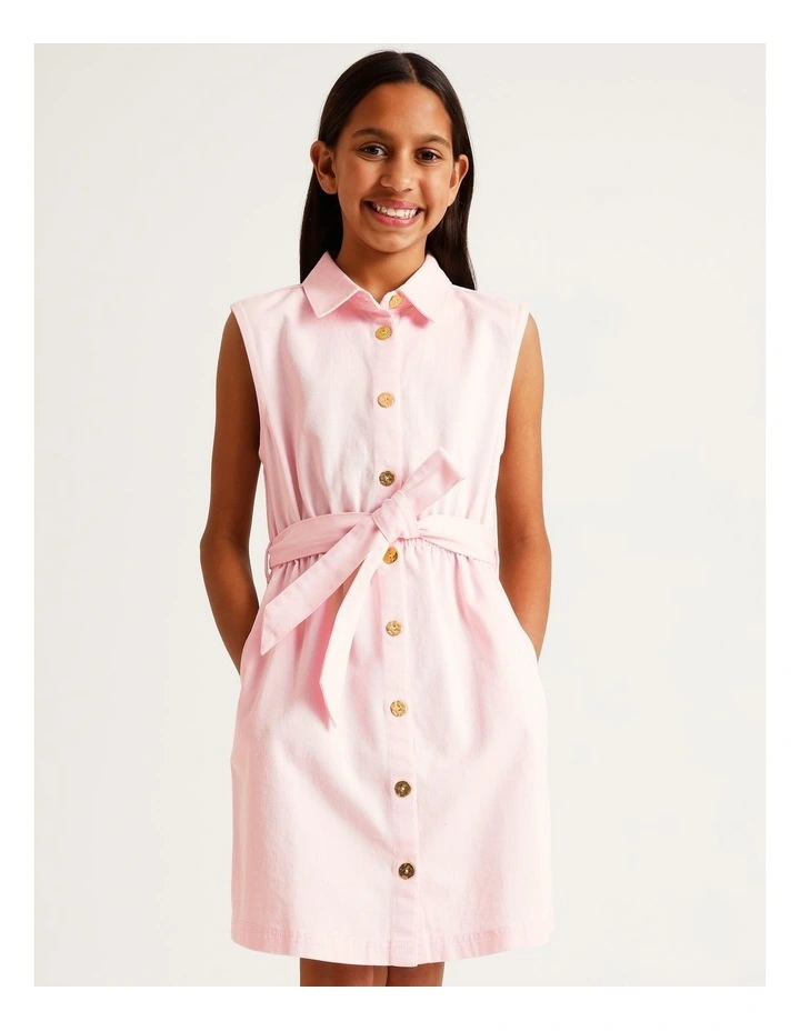 Sleeveless A-Line Button Front Dress with Tie in Light Pink image 3