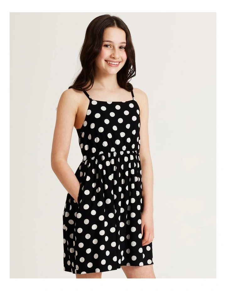 Sleeveless Rayon Shirred Back Slip Dress in Black & White image 2