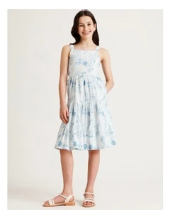 Sleeveless Broderie Tiered Midi Dress in Light Blue