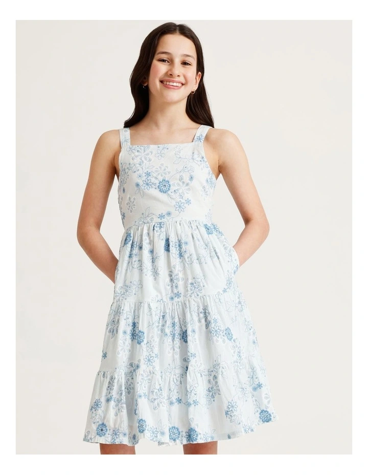 Sleeveless Broderie Tiered Midi Dress in Light Blue image 2