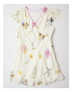 Tilii Short Sleeve Rayon Garden Mini Dress in Ecru