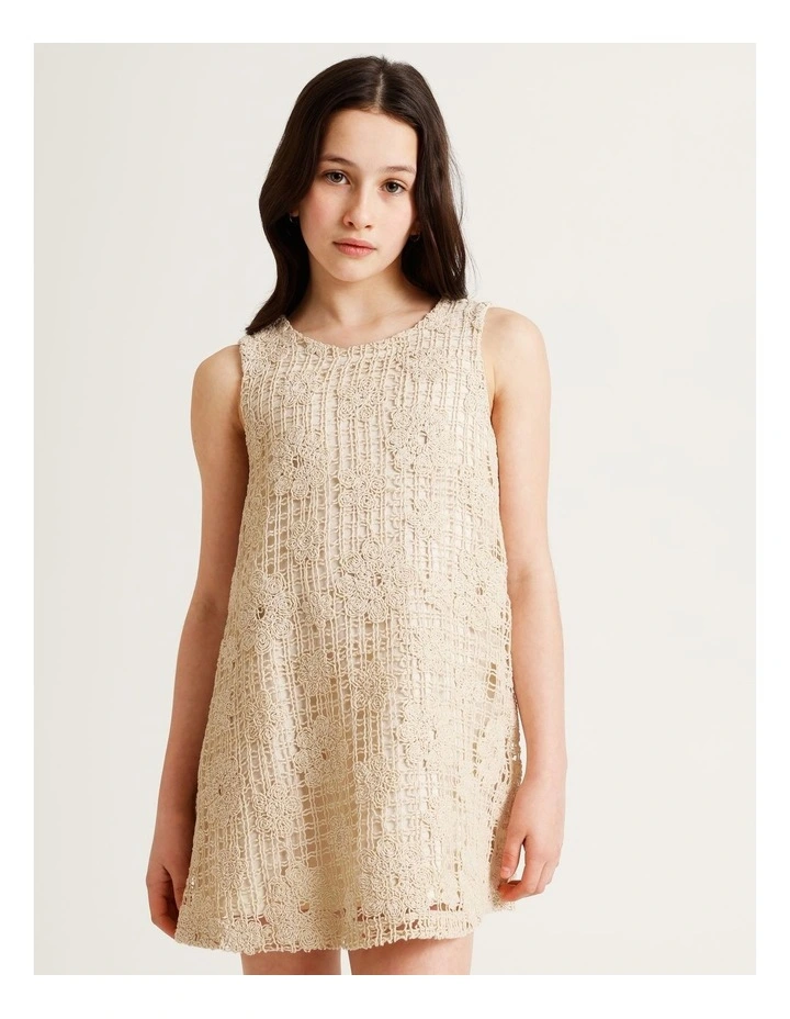 Tilii Sleeveless Crochet A-Line Mini Dress in Natural image 2