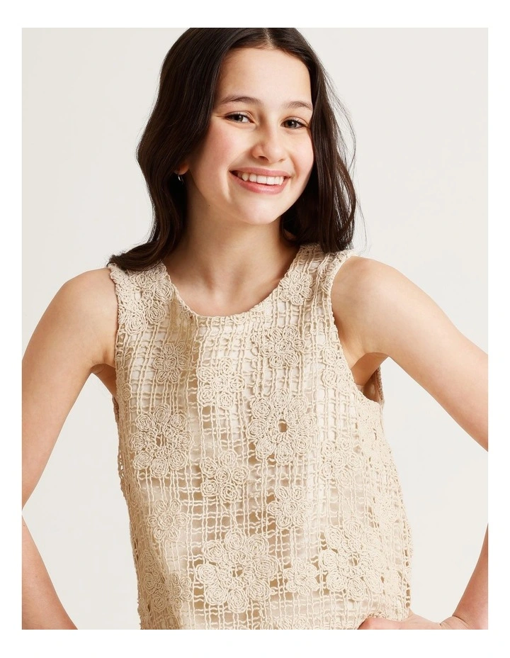 Tilii Sleeveless Crochet A-Line Mini Dress in Natural image 3