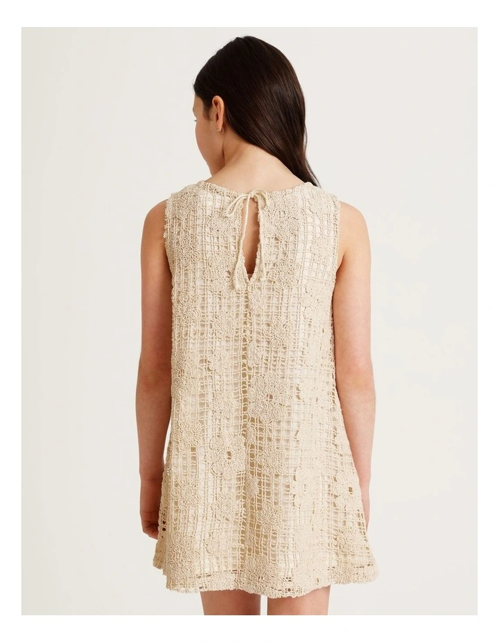 Tilii Sleeveless Crochet A-Line Mini Dress in Natural image 5