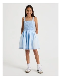 Sleeveless Poplin Shirred Bodice Dress with Rope Detail in Light Blue