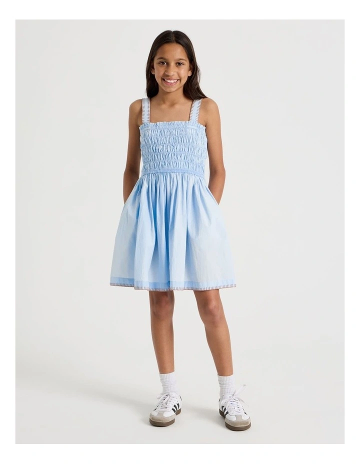 Sleeveless Poplin Shirred Bodice Dress with Rope Detail in Light Blue image 1