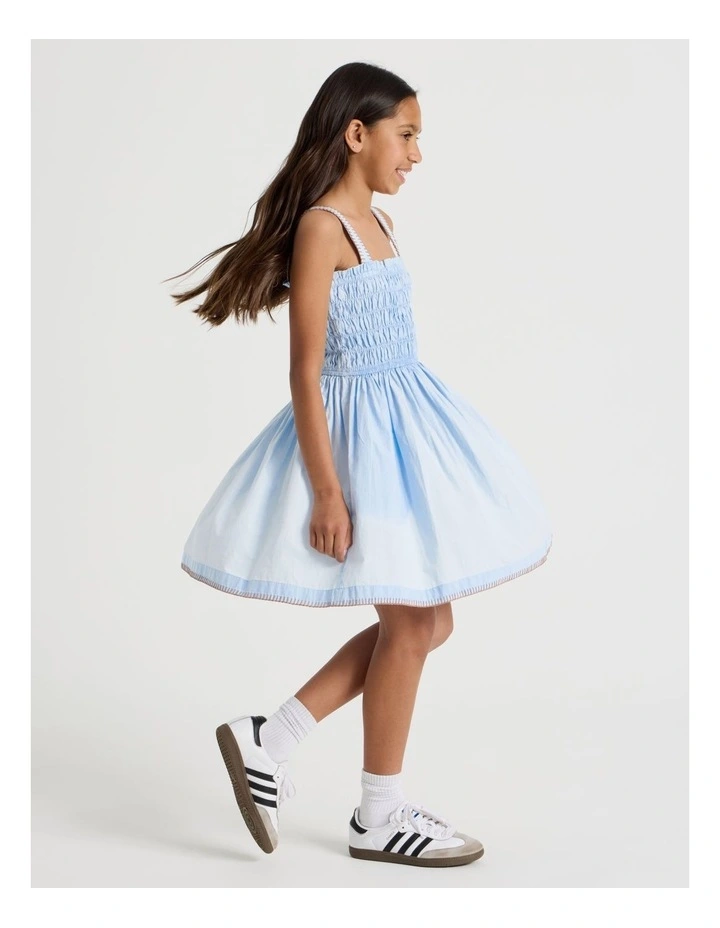 Sleeveless Poplin Shirred Bodice Dress with Rope Detail in Light Blue image 2