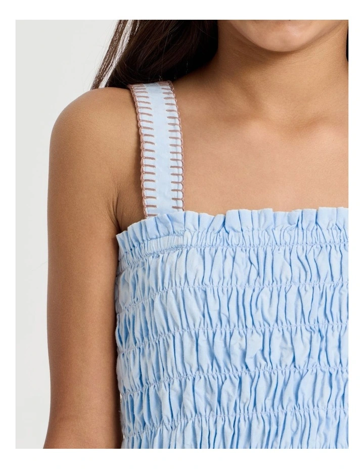 Sleeveless Poplin Shirred Bodice Dress with Rope Detail in Light Blue image 3