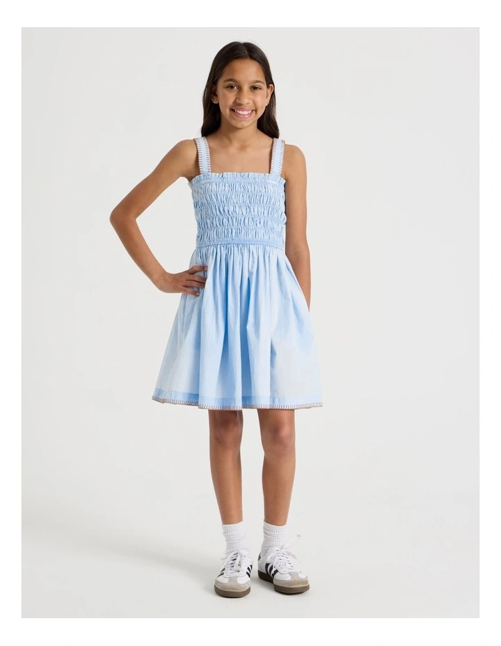 Sleeveless Poplin Shirred Bodice Dress with Rope Detail in Light Blue image 4