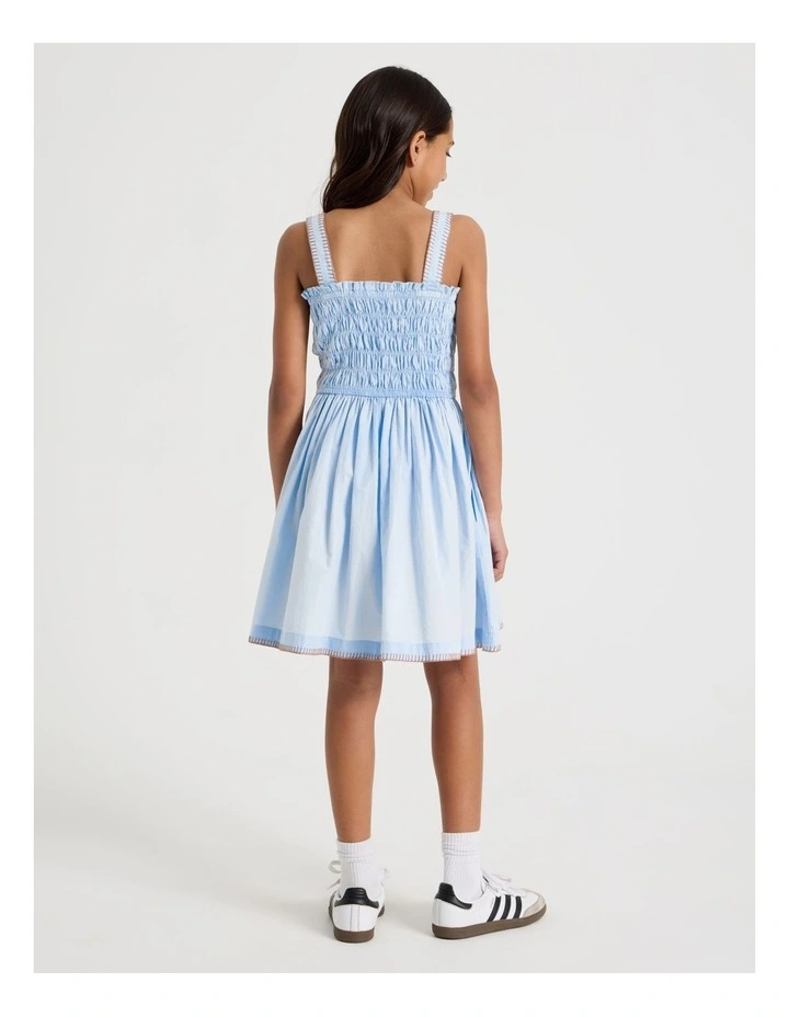 Sleeveless Poplin Shirred Bodice Dress with Rope Detail in Light Blue image 5