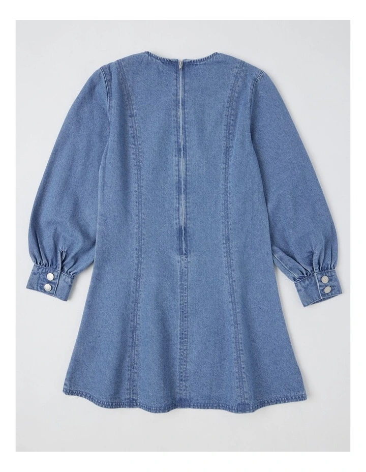 Puff Sleeve Mini Dress in Denim image 3
