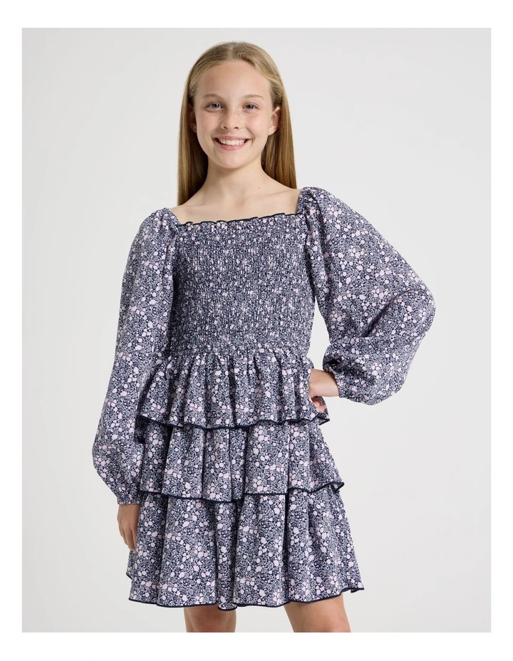 Shirred Bodice Dress In Navy image 1