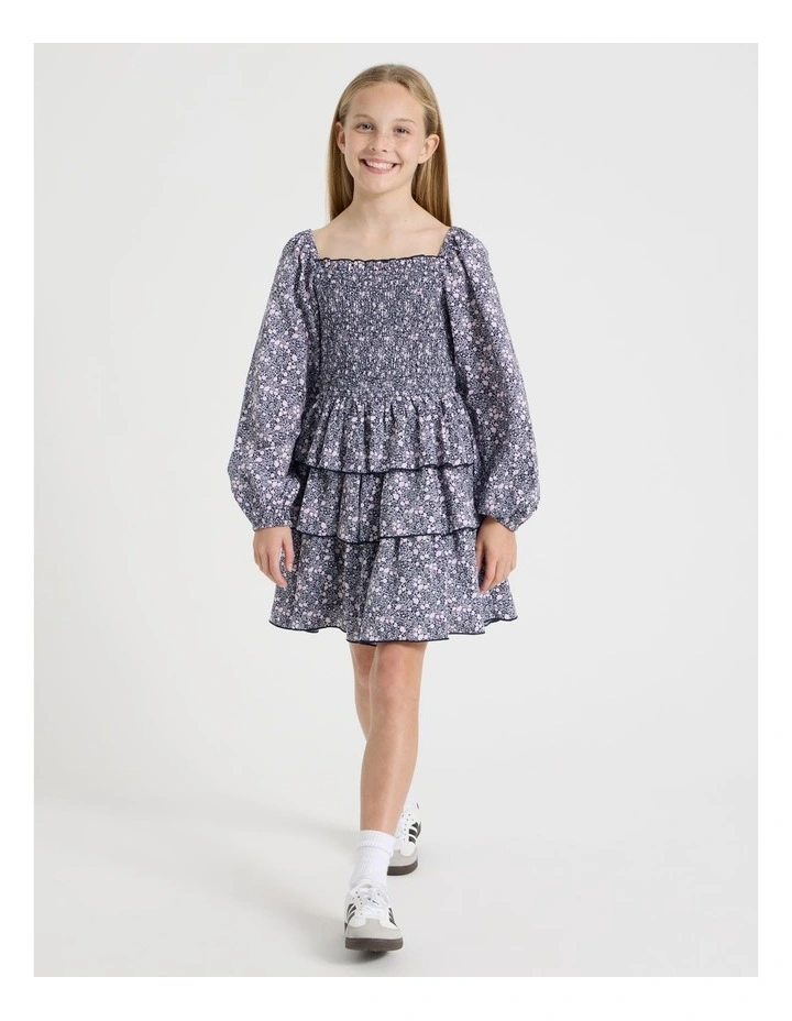 Shirred Bodice Dress In Navy image 4