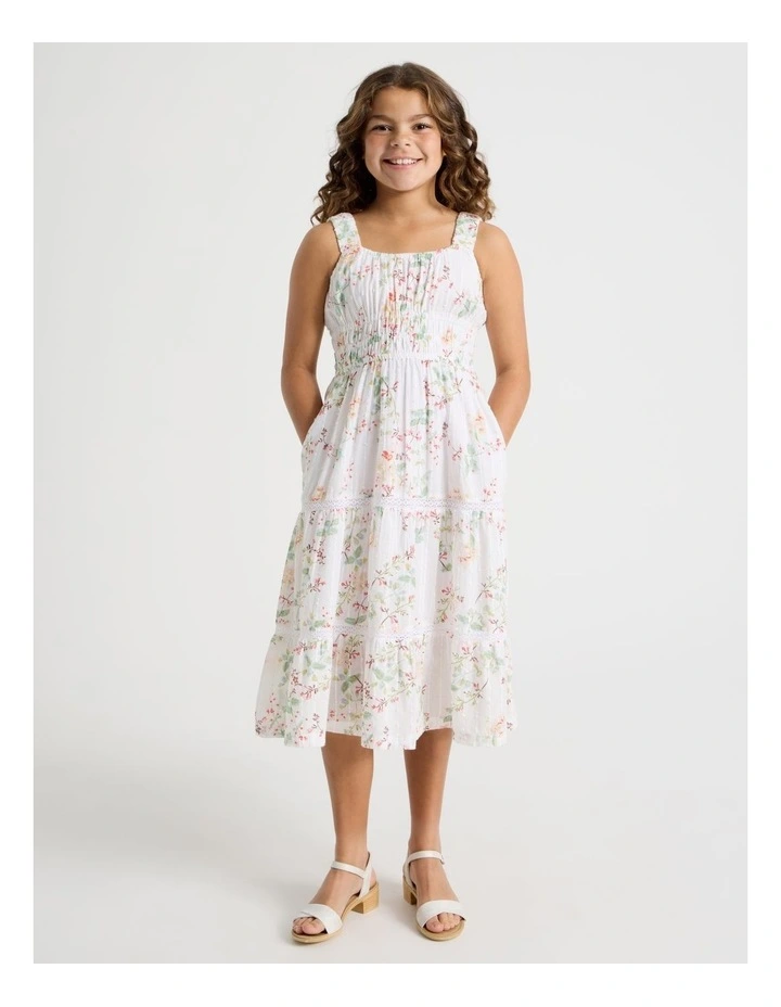 Shirred Tiered Dress With Ric Rac in Floral/ White image 1