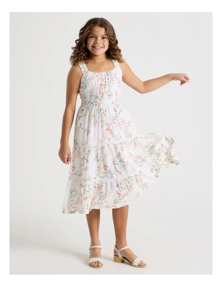 Shirred Tiered Dress With Ric Rac in Floral/ White image 2