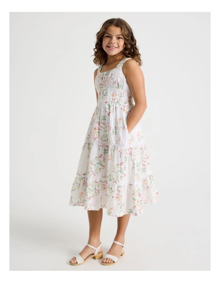 Shirred Tiered Dress With Ric Rac in Floral/ White image 3