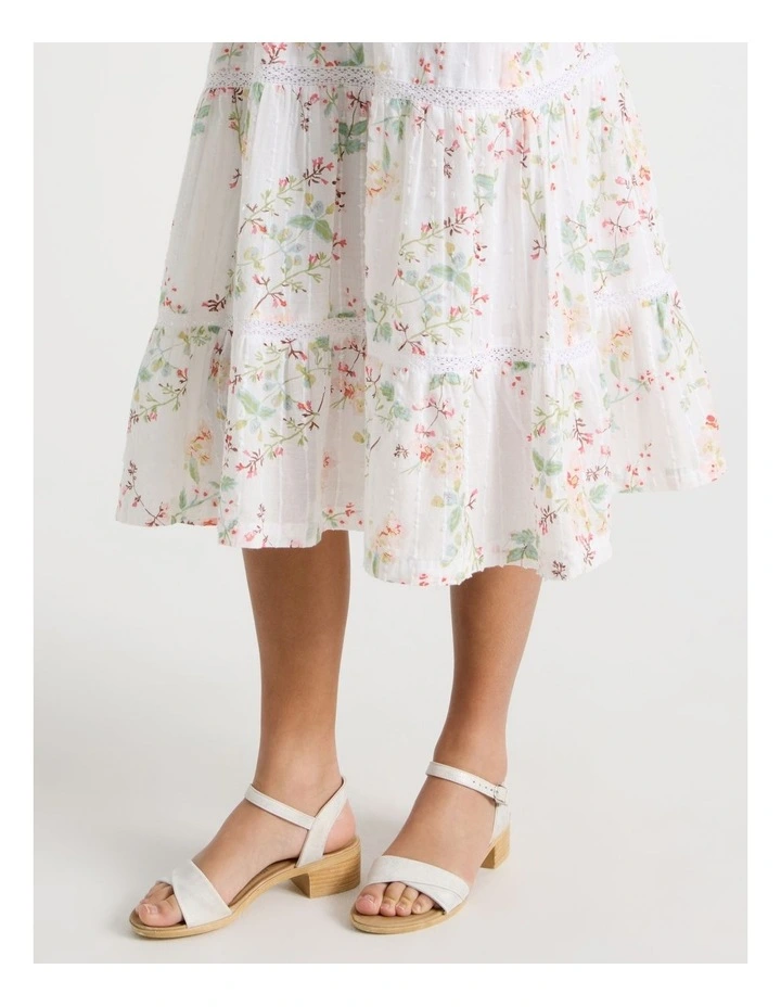 Shirred Tiered Dress With Ric Rac in Floral/ White image 4