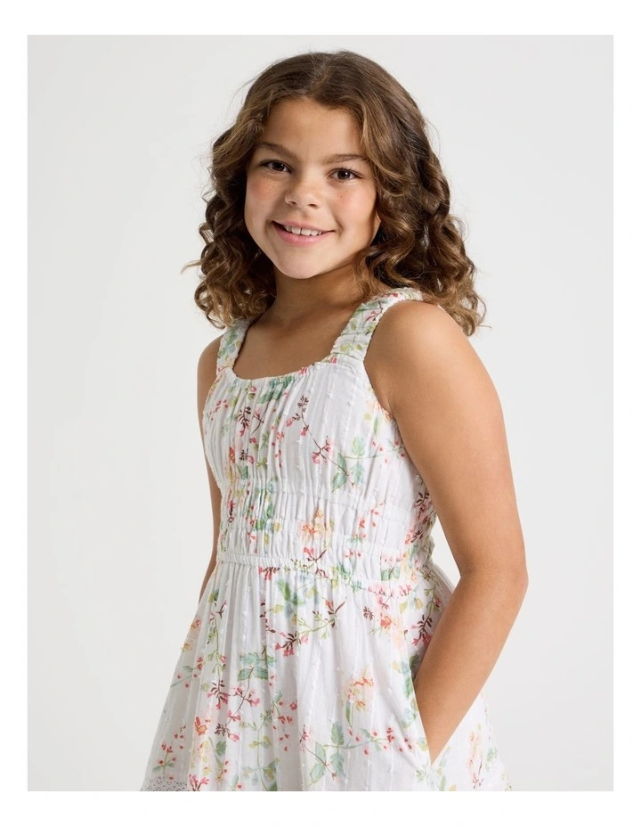Shirred Tiered Dress With Ric Rac in Floral/ White image 5