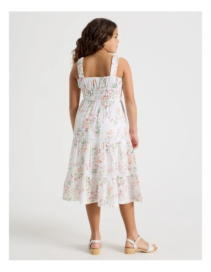 Shirred Tiered Dress With Ric Rac in Floral/ White image 6