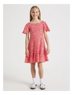 Shirred Back Relaxed Fit Dress in Daisy Red