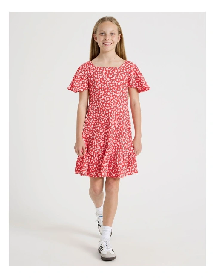 Shirred Back Relaxed Fit Dress in Daisy Red image 4