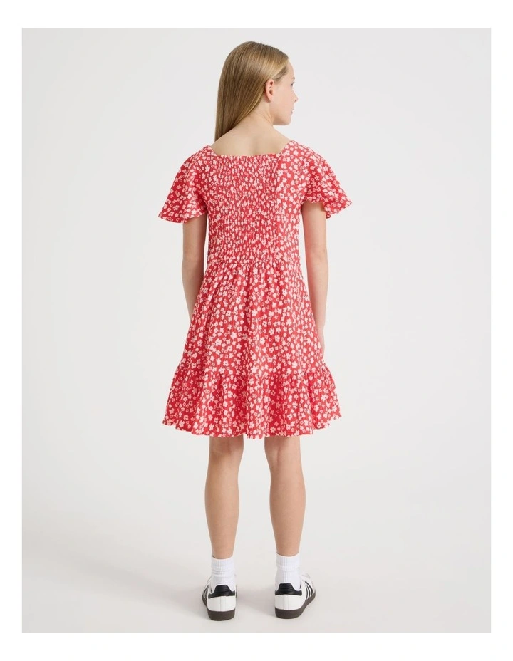 Shirred Back Relaxed Fit Dress in Daisy Red image 5