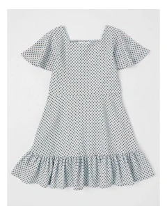 Shirred Back Relaxed Fit Dress in Brown Polka in Light Blue
