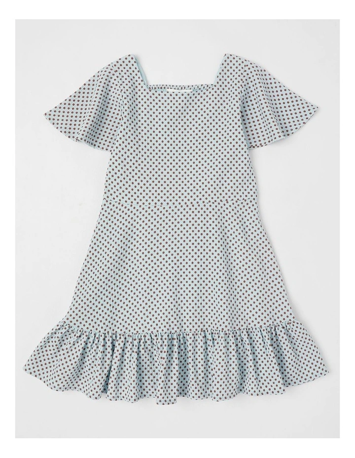 Shirred Back Relaxed Fit Dress in Brown Polka in Light Blue image 1