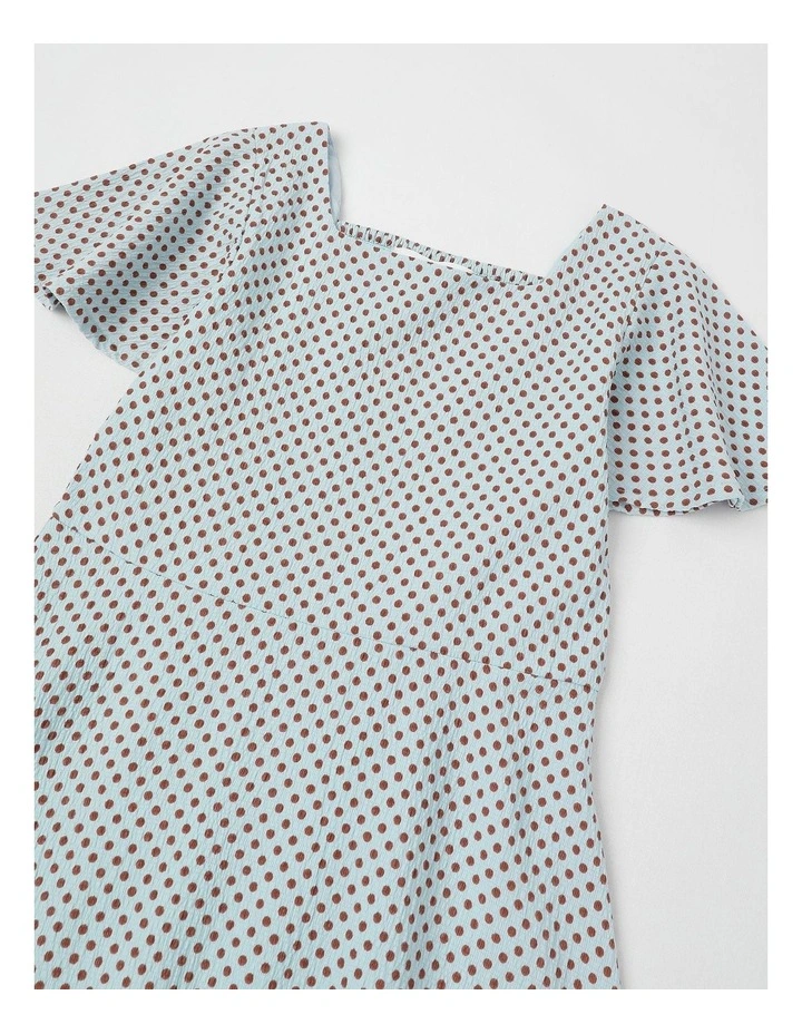Shirred Back Relaxed Fit Dress in Brown Polka in Light Blue image 2