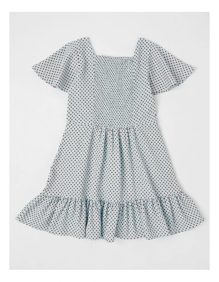 Shirred Back Relaxed Fit Dress in Brown Polka in Light Blue image 3