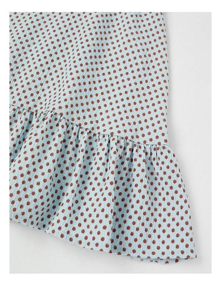 Shirred Back Relaxed Fit Dress in Brown Polka in Light Blue image 4